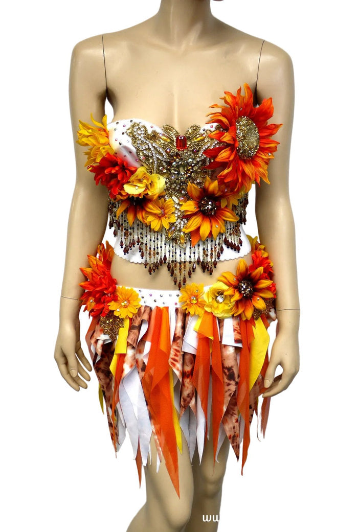 Two Piece Sun Flower Autumn Fall Fairy Bustier Corset and Skirt Costume