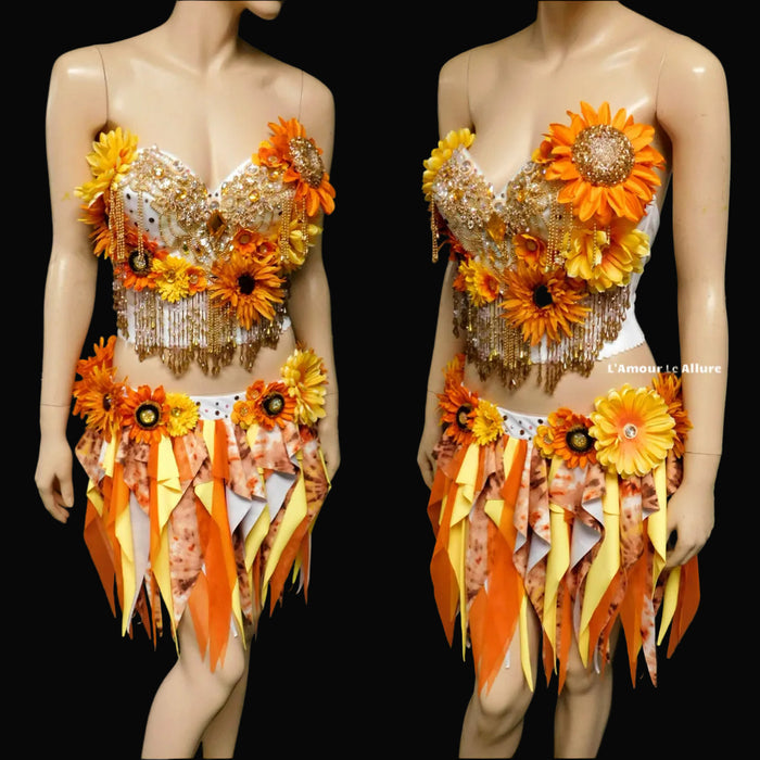 Two Piece Sun Flower Autumn Fall Fairy Bustier Corset and Skirt Costume