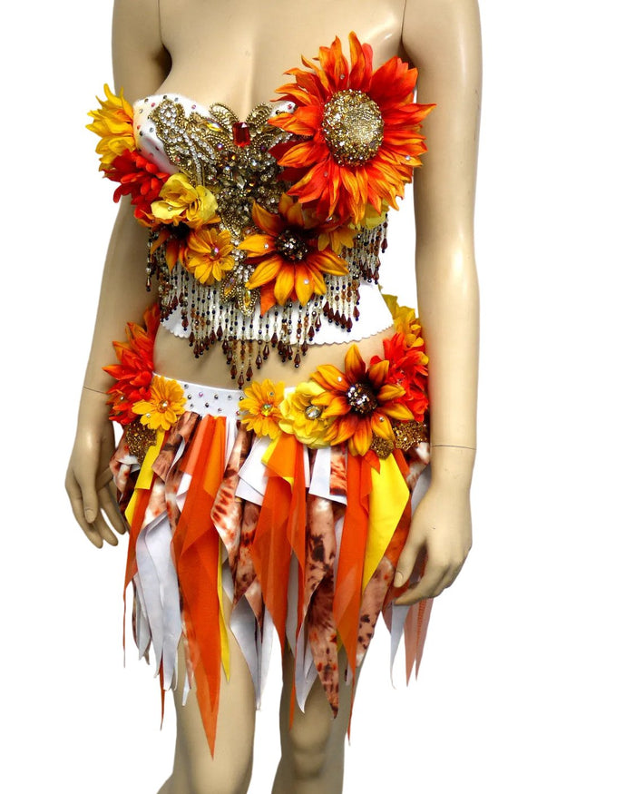 Two Piece Sun Flower Autumn Fall Fairy Bustier Corset and Skirt Costume