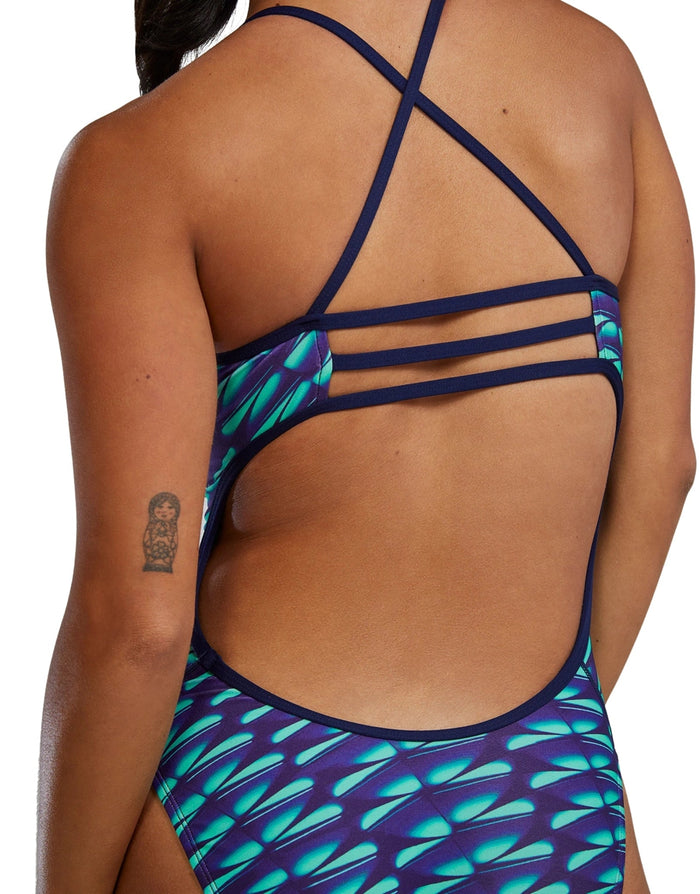 Navy green TYR Dragonflyte Durafast Elite Trinity swimsuit with leaf pattern
