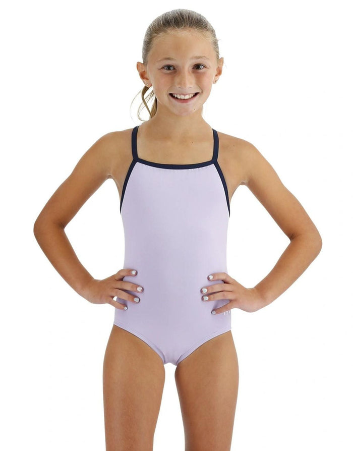 TYR girls solid Durafast Elite lavender leotard swimsuit with navy trim