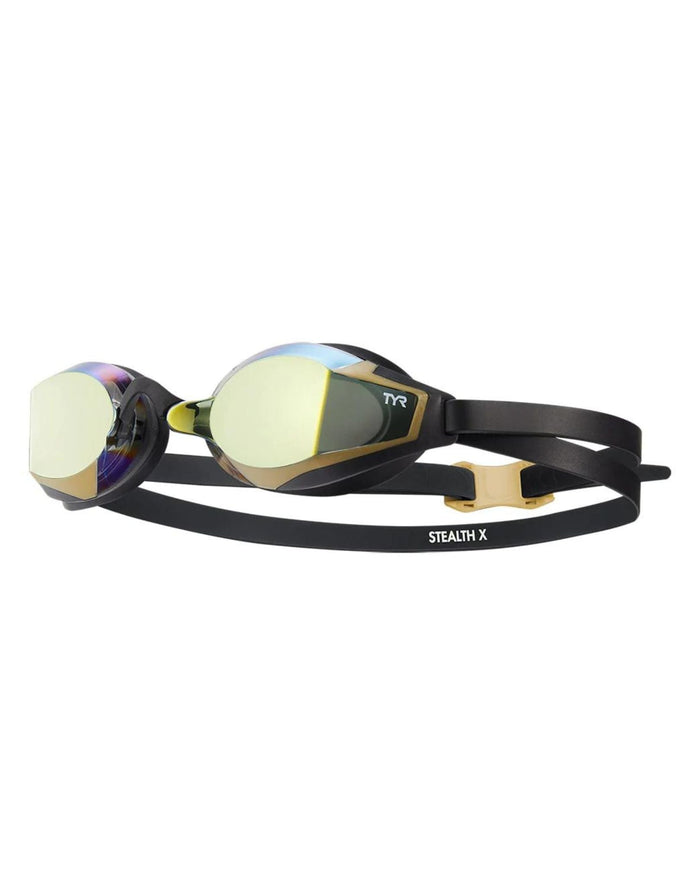 TYR Stealth-X racing goggle with mirrored lens and deep inner-eye fit