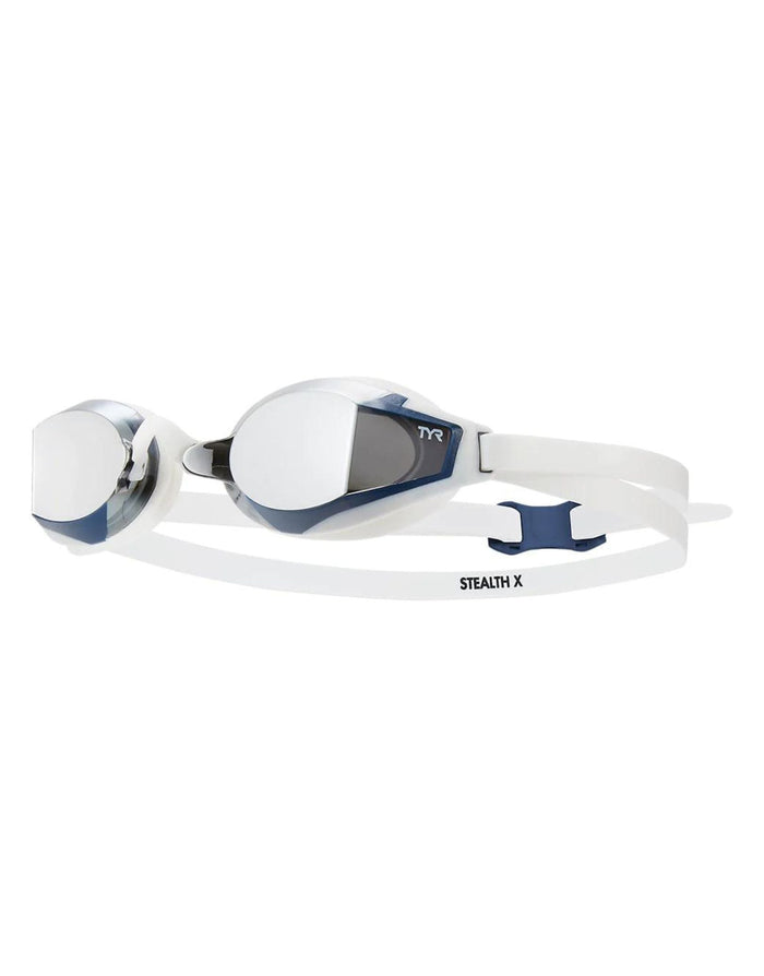 TYR Stealth-X racing goggle with mirrored lens and deep inner-eye fit