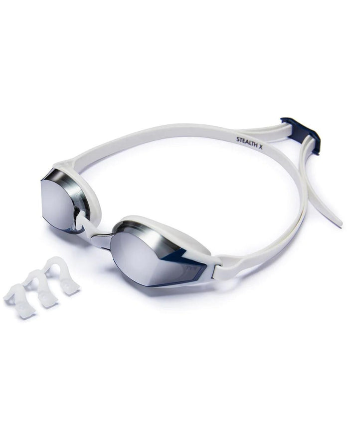TYR Stealth-X racing goggle with mirrored lens and deep inner-eye fit