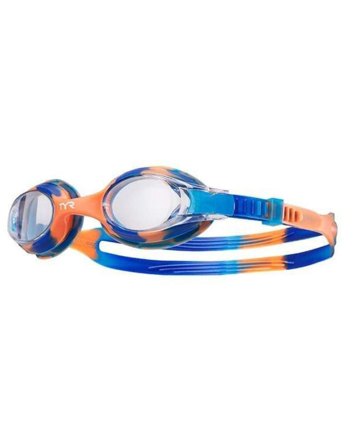 TYR Swimples Tie Dye junior goggles in blue orange with clear lenses and comfy head strap