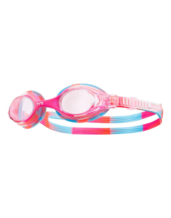 Tyr Swimples Tie Dye junior goggles in pink blue with clear lenses head strap