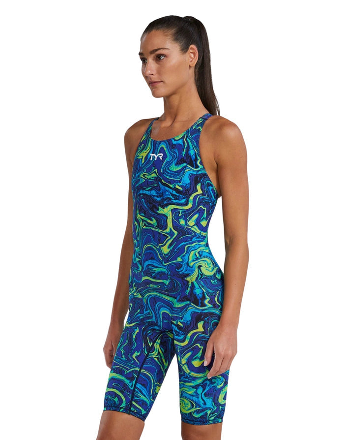 Blue green abstract TYR Thresher Hyperblitz open back kneeskin swimsuit