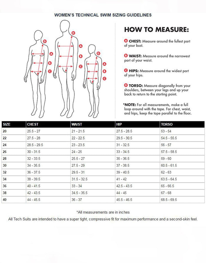 TYR Thresher Hyperblitz Open women’s size chart with measurements