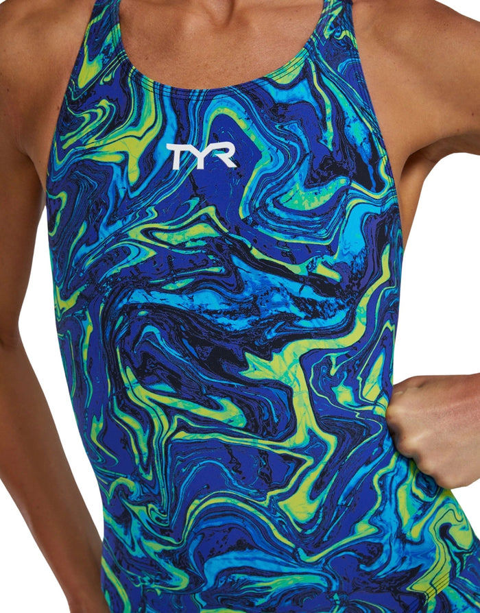 Blue and green marbled TYR Thresher Hyperblitz Open Back Kneeskin swimsuit