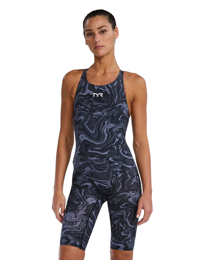 TYR Thresher Hyperblitz Open Back Kneeskin in navy blue white marble