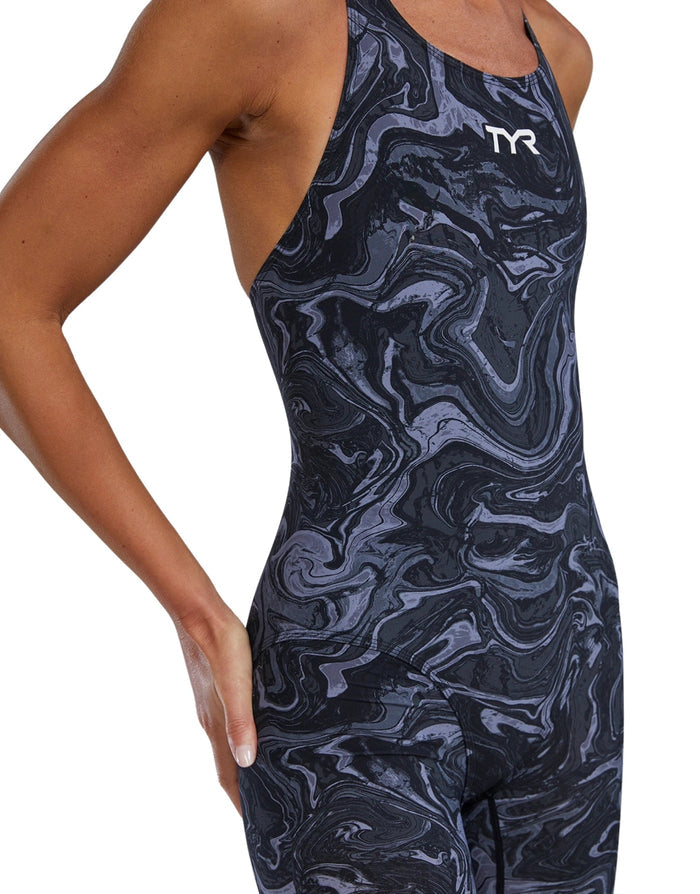Tyr Thresher Hyperblitz Open womens navy gray marbled kneeskin swimsuit