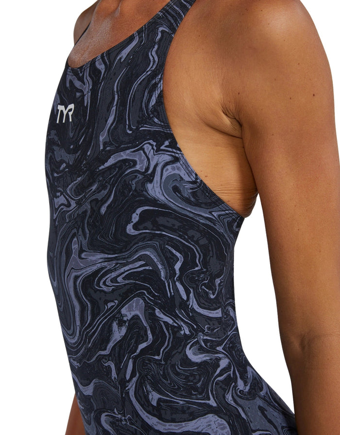 Navy blue gray marbled TYR Thresher Hyperblitz Open Back Kneeskin swimsuit