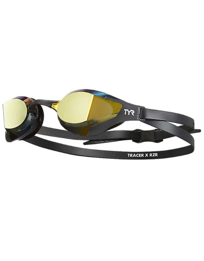 TYR Tracer X RZR mirror swimming goggles with gold lenses and black straps