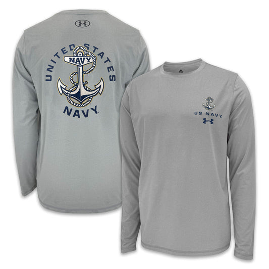 United States Navy Anchor Under Armour Tech Long Sleeve T-Shirt (Grey)