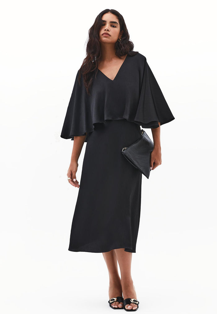 V Neck Long Dress - BLACK