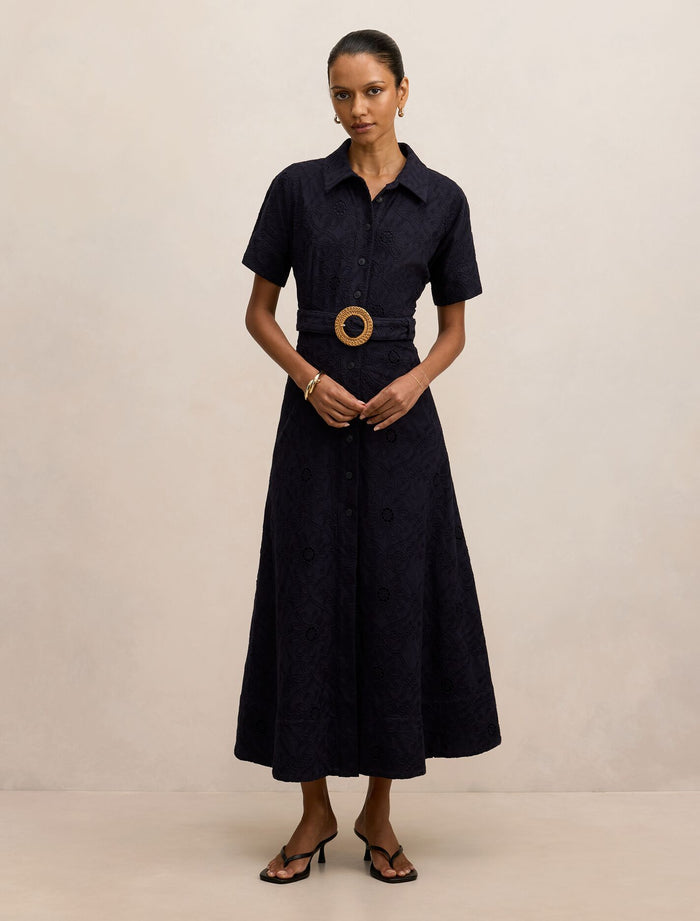 Valeria Petite Broderie Midi Dress Navy Forever New