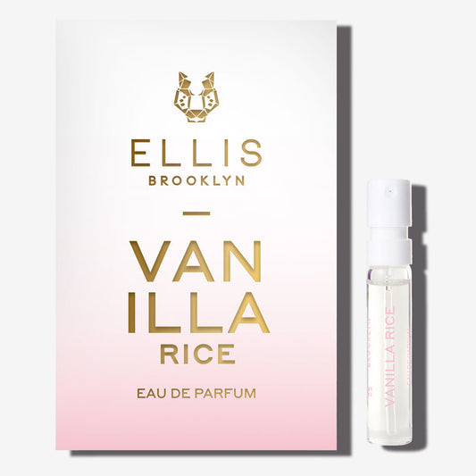 VANILLA RICE 1.5ml Eau De Parfum Vial next to white and pink ombre VANILLA RICE Eau De Parfum vial holder card on white background.