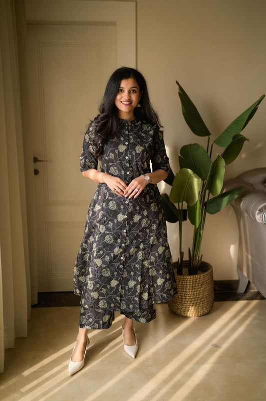 Vanya Cotton A-line Set- Black Florals
