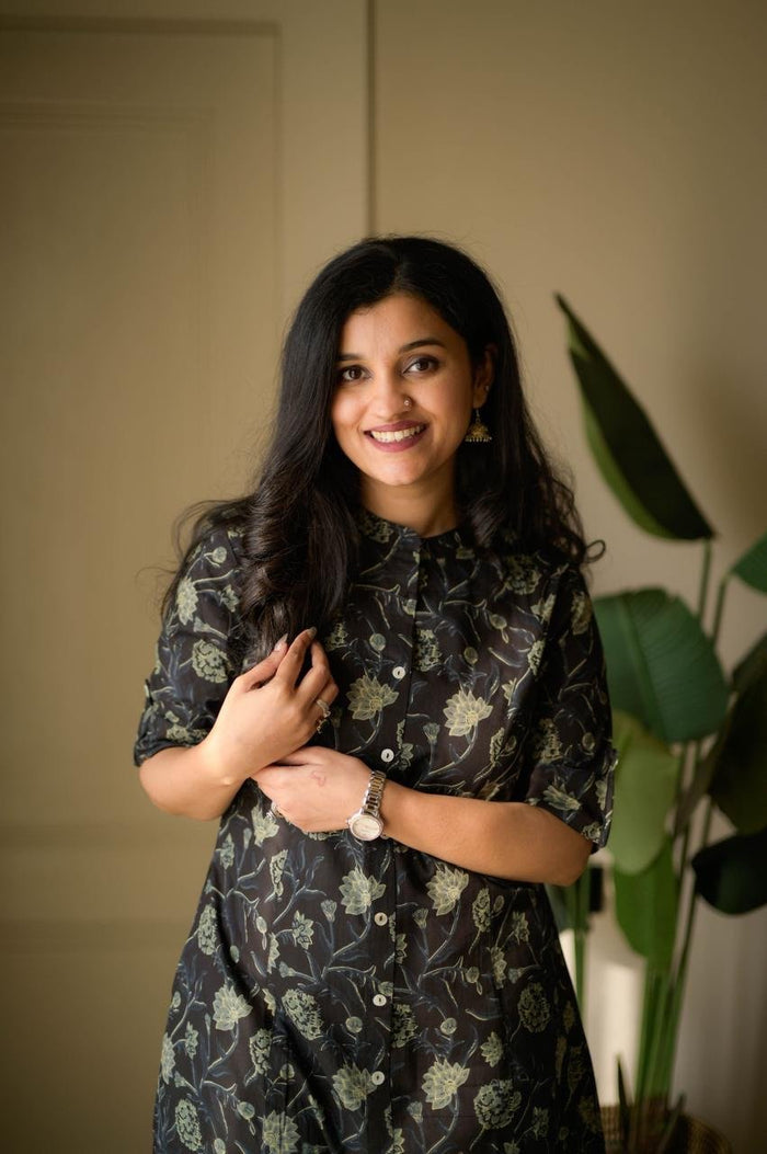 Vanya Cotton A-line Set- Black Florals