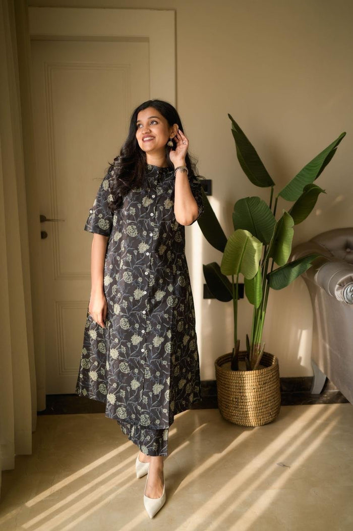 Vanya Cotton A-line Set- Black Florals