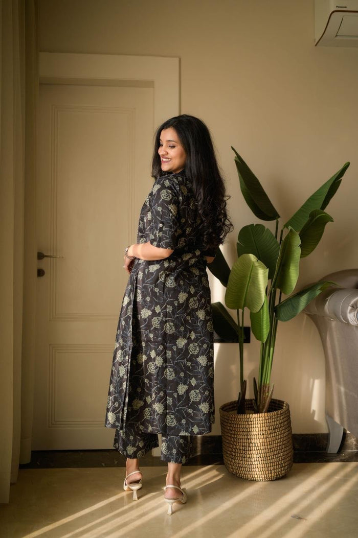Vanya Cotton A-line Set- Black Florals