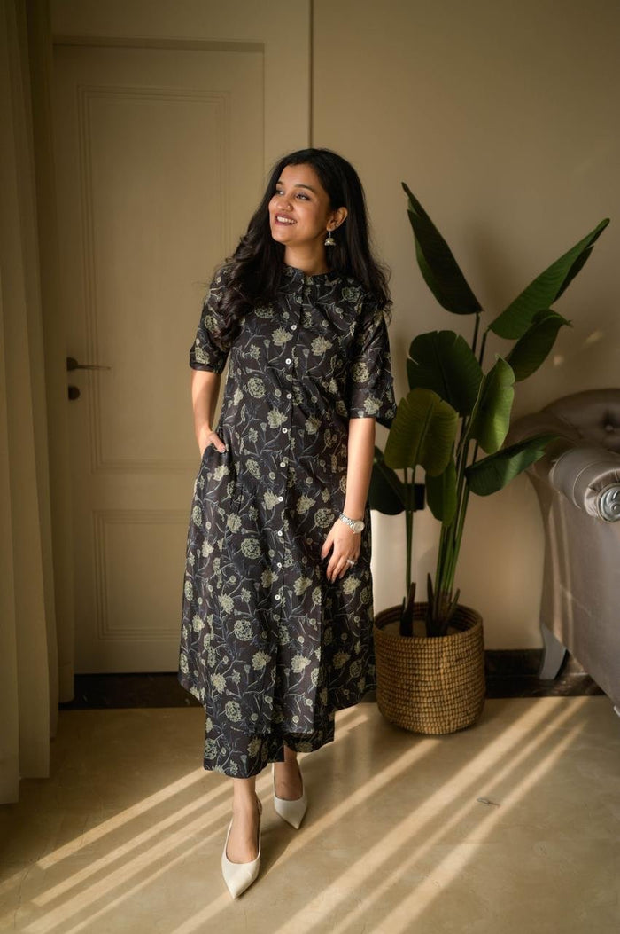 Vanya Cotton A-line Set- Black Florals
