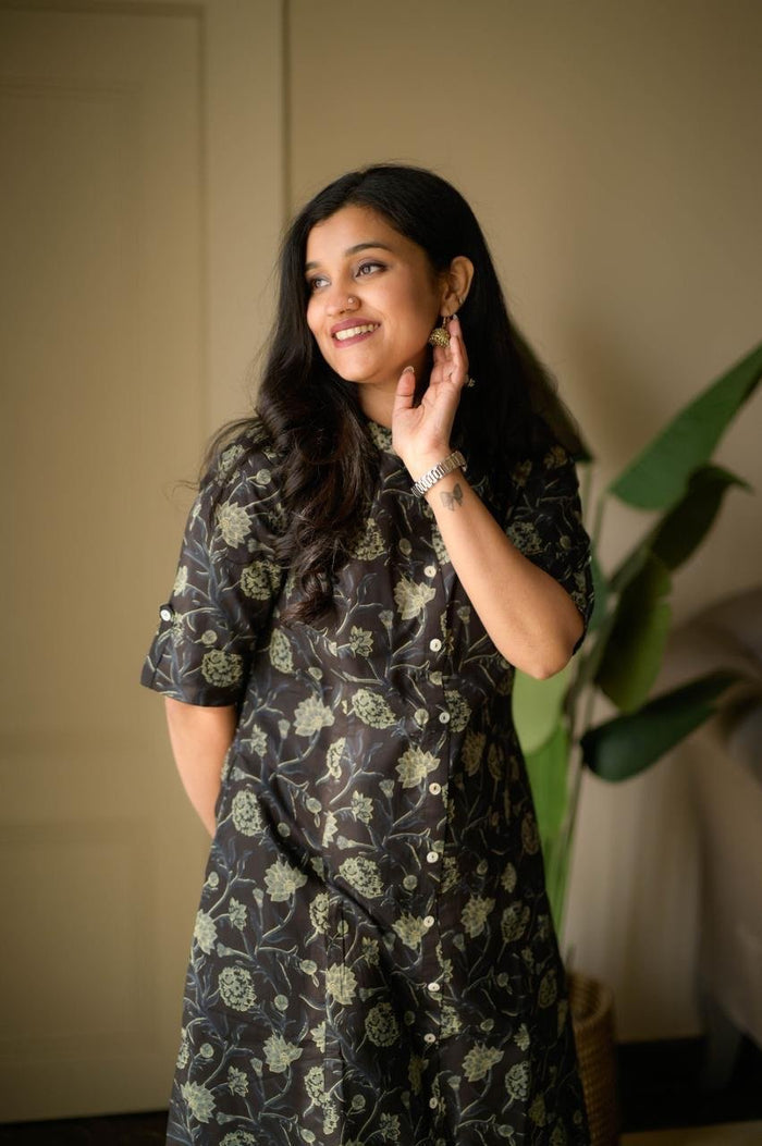 Vanya Cotton A-line Set- Black Florals