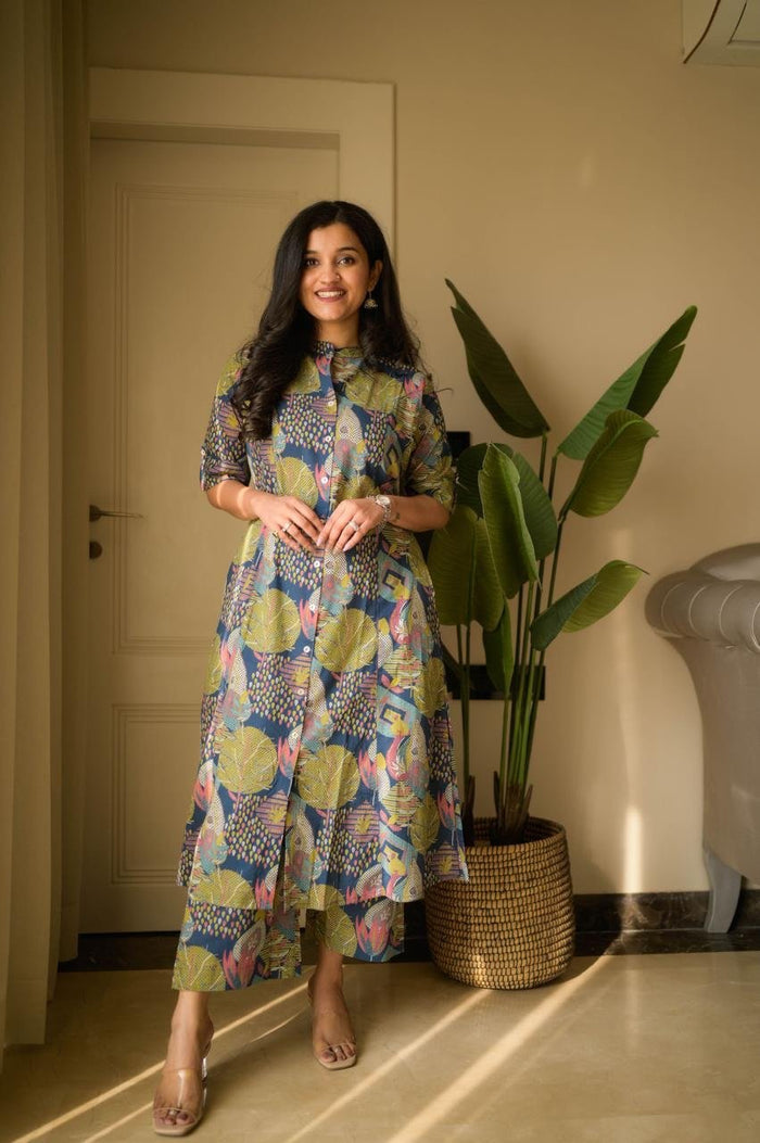 Vanya Cotton A-line Set- Blue Mix Print