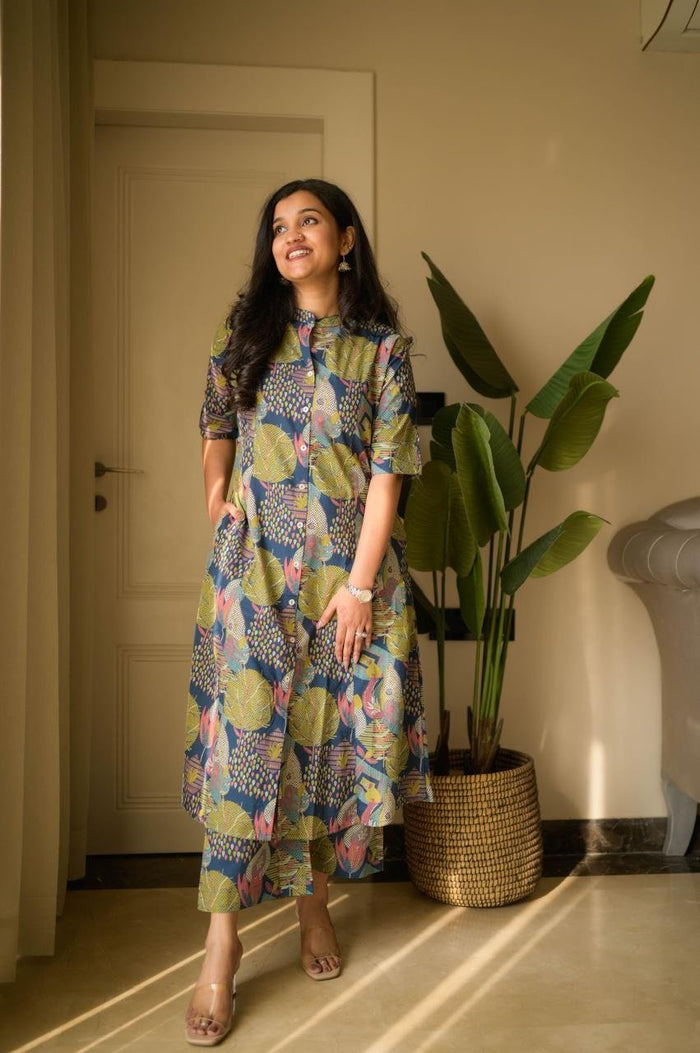 Vanya Cotton A-line Set- Blue Mix Print