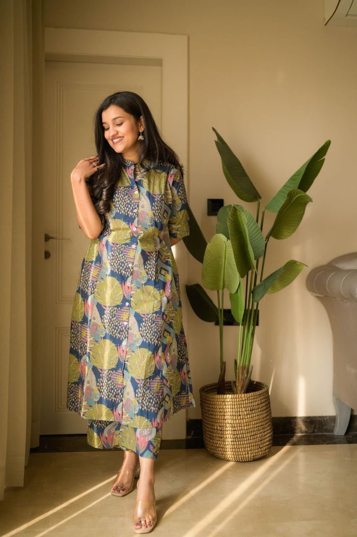 Vanya Cotton A-line Set- Blue Mix Print