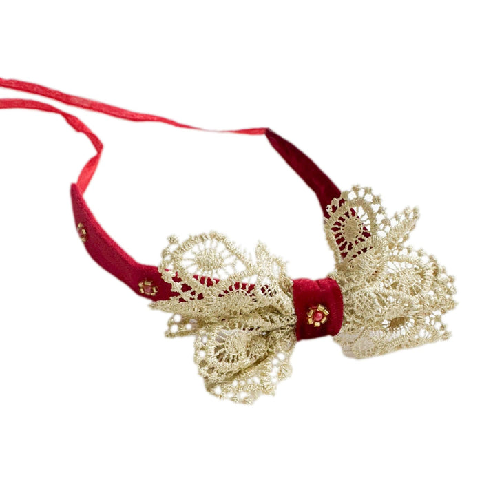 Victoria red velvet hair sash featuring ivory lace bow detailing and jewel accents with long ribbon ties