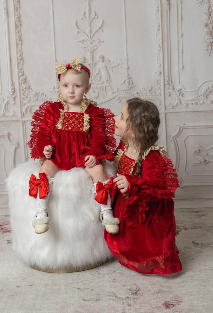 Victoria red velvet hair sashes with lace bow detail and velvet texture