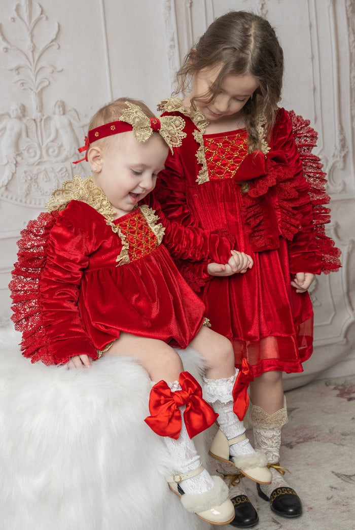 Victoria red velvet hair sash featuring an ivory lace bow and jewel accents, styled for a classic portrait