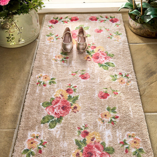 Vintage Rose Washable Runner- a 100% recycled cotton runner featuring collection of hand-painted pink and orange roses.