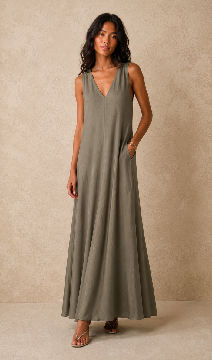 Viola V Neck Dress Dark Khaki