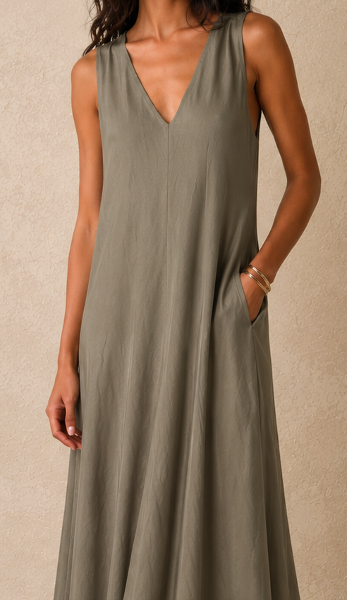 Viola V Neck Dress Dark Khaki