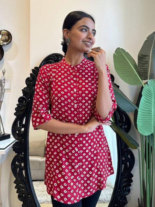 Weekend Rayon Short Kurta- Red Booti