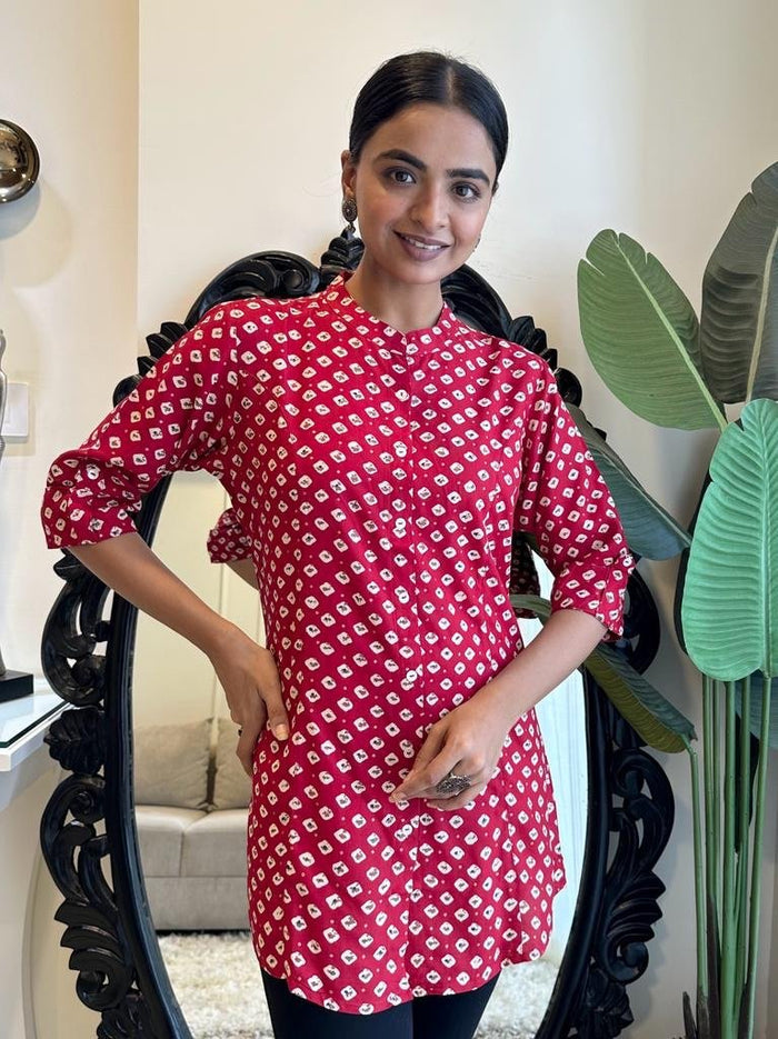 Weekend Rayon Short Kurta- Red Booti