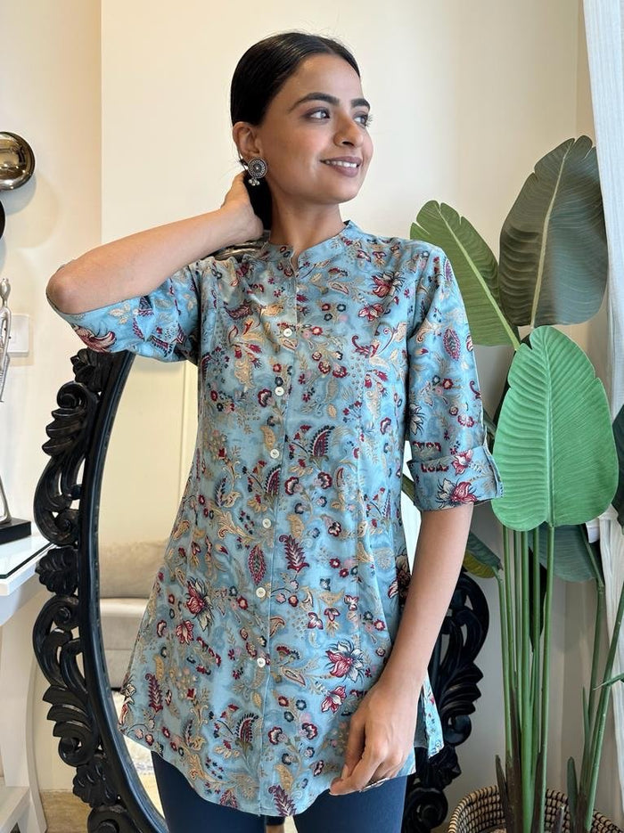 Weekend Rayon Short Kurta- Sky Blue Floral