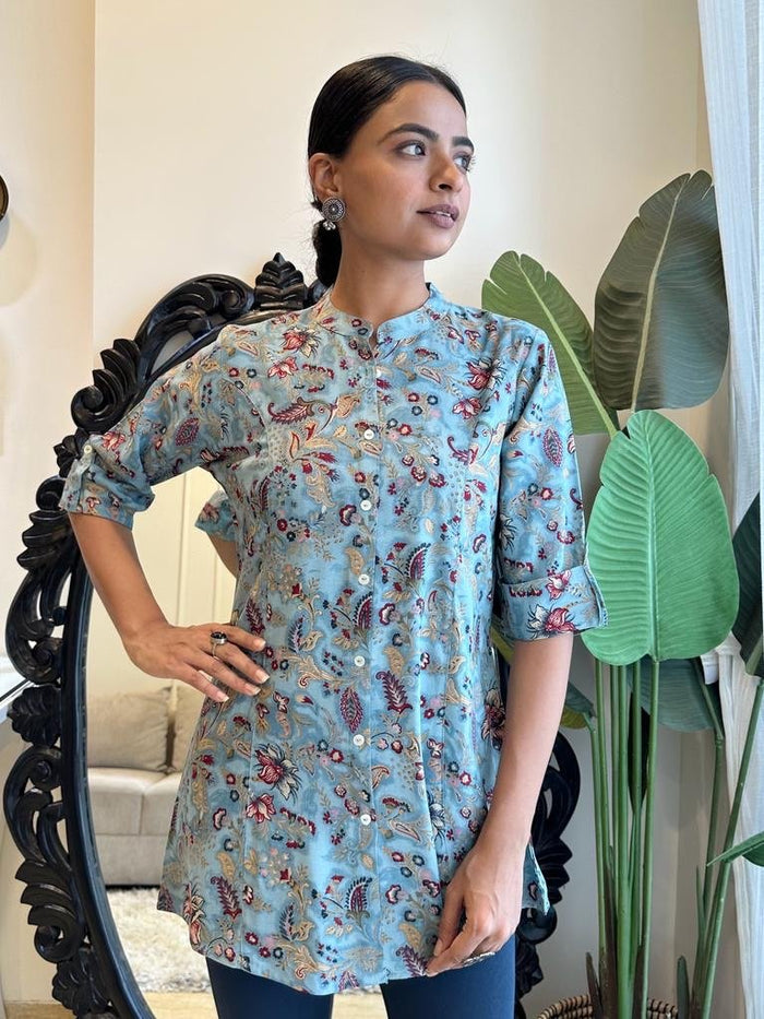 Weekend Rayon Short Kurta- Sky Blue Floral