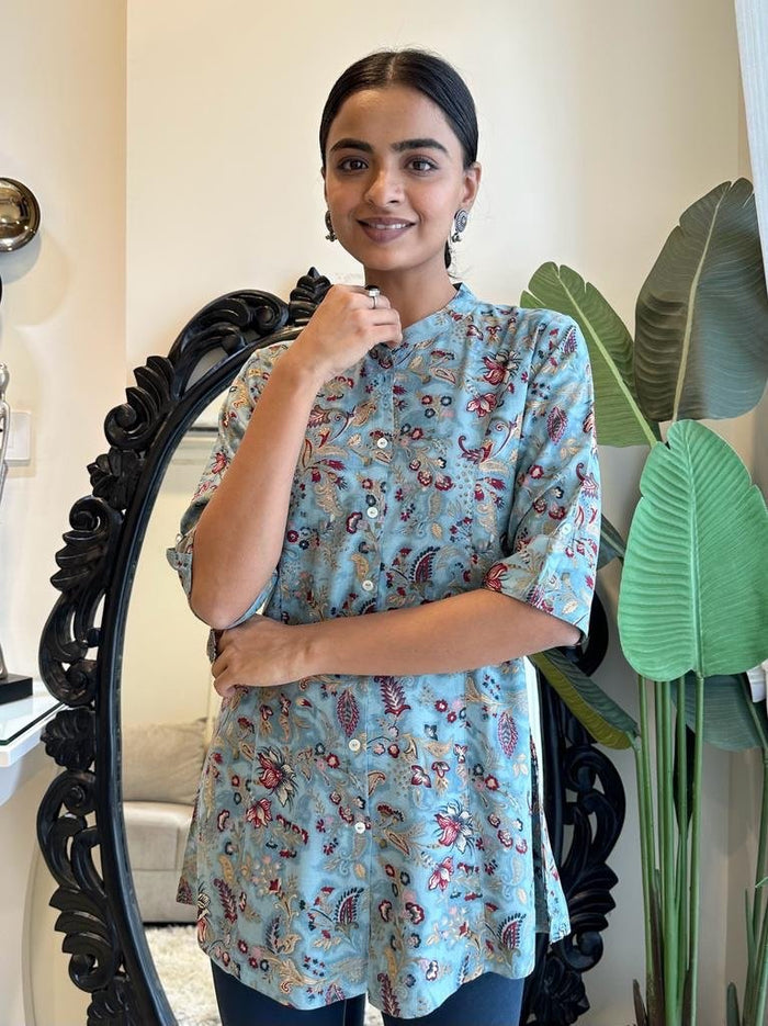 Weekend Rayon Short Kurta- Sky Blue Floral