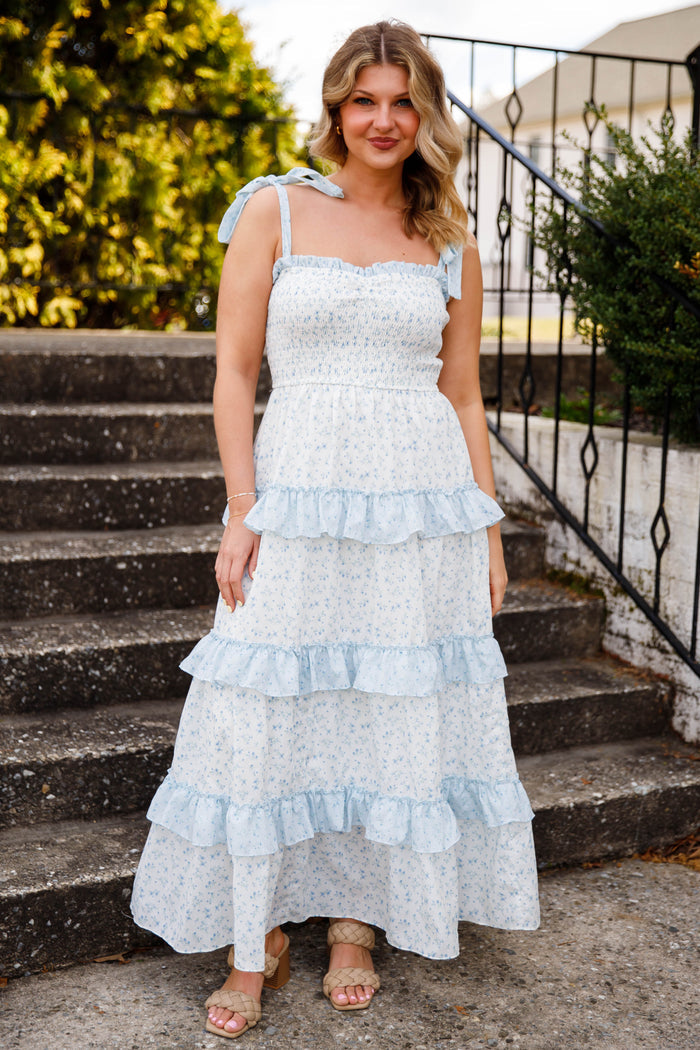Blue Floral Smocked Tiered Midi Dress – Ruffle Strap Cottagecore Dress- Peach Love Cream Dresses