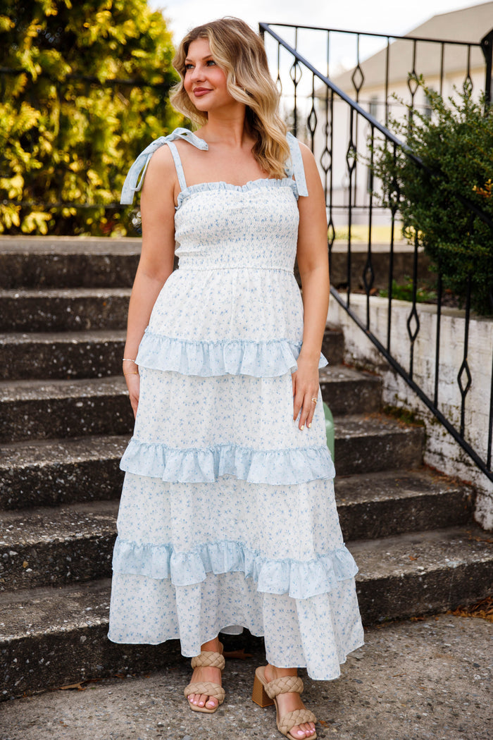 Blue Floral Smocked Tiered Midi Dress – Ruffle Strap Cottagecore Dress- Peach Love Cream Dresses