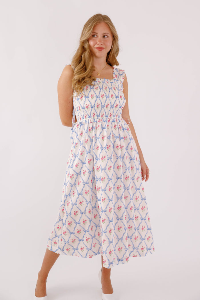 Floral and Bow Printed Midi Dress- Preppy Bow Printed Dress- Heyson Smocked Floral Midi Dress