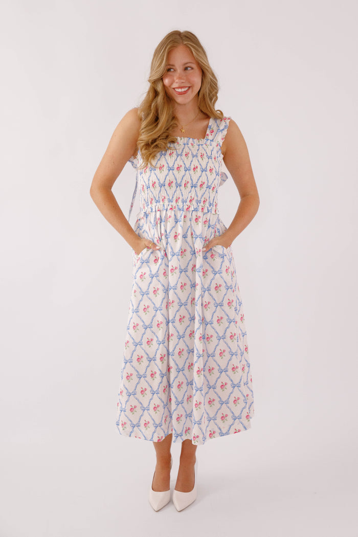 Floral and Bow Printed Midi Dress- Preppy Bow Printed Dress- Heyson Smocked Floral Midi Dress