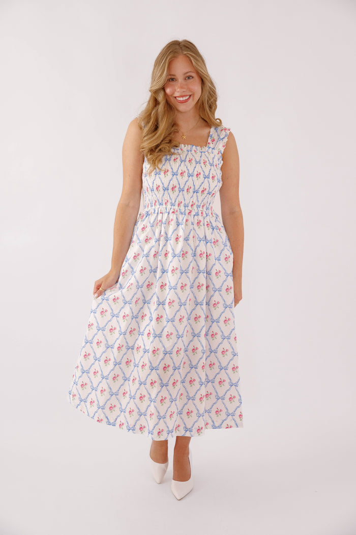 Floral and Bow Printed Midi Dress- Preppy Bow Printed Dress- Heyson Smocked Floral Midi Dress