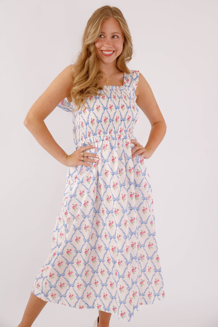 Floral and Bow Printed Midi Dress- Preppy Bow Printed Dress- Heyson Smocked Floral Midi Dress