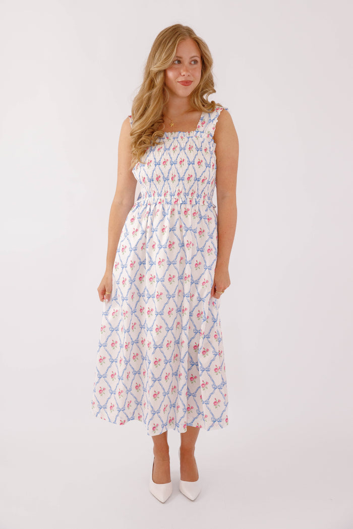 Floral and Bow Printed Midi Dress- Preppy Bow Printed Dress- Heyson Smocked Floral Midi Dress