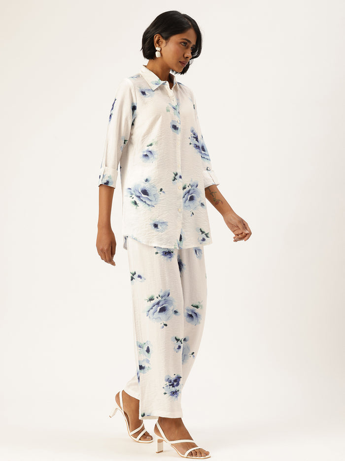 White Floral Printed Shirt & Palazzos Co-Ords Set, floral Printed Co-Ords Set, Floral Printed Palazzos Set, printed co-ords, Floral printed, co-ord set, Shirt and palazzo set, women’s co-ords, elegant co-ords, two-piece set