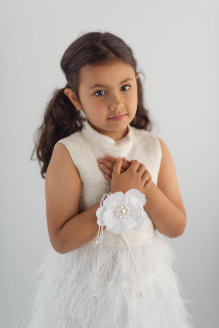 White Pearl Ceremony Flower Tie With Pearl Tassels - Petite Maison Kids
